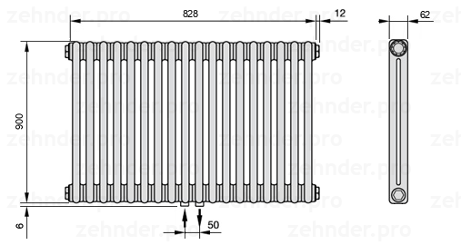 Схема (чертеж) Радиатор Zehnder Charleston 2090/18 №3470 Белый глянцевый RAL 9016